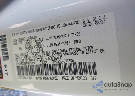 2023 Toyota Tacoma Sr из США, поврежденный, VIN 3TYRX5GN5PT077198